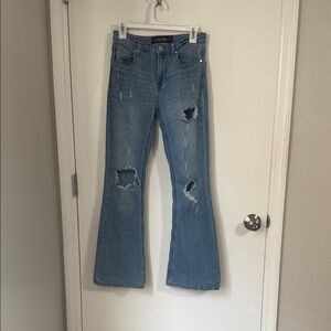 Indigo Rein Medium Blue Distressed Flare Jeans